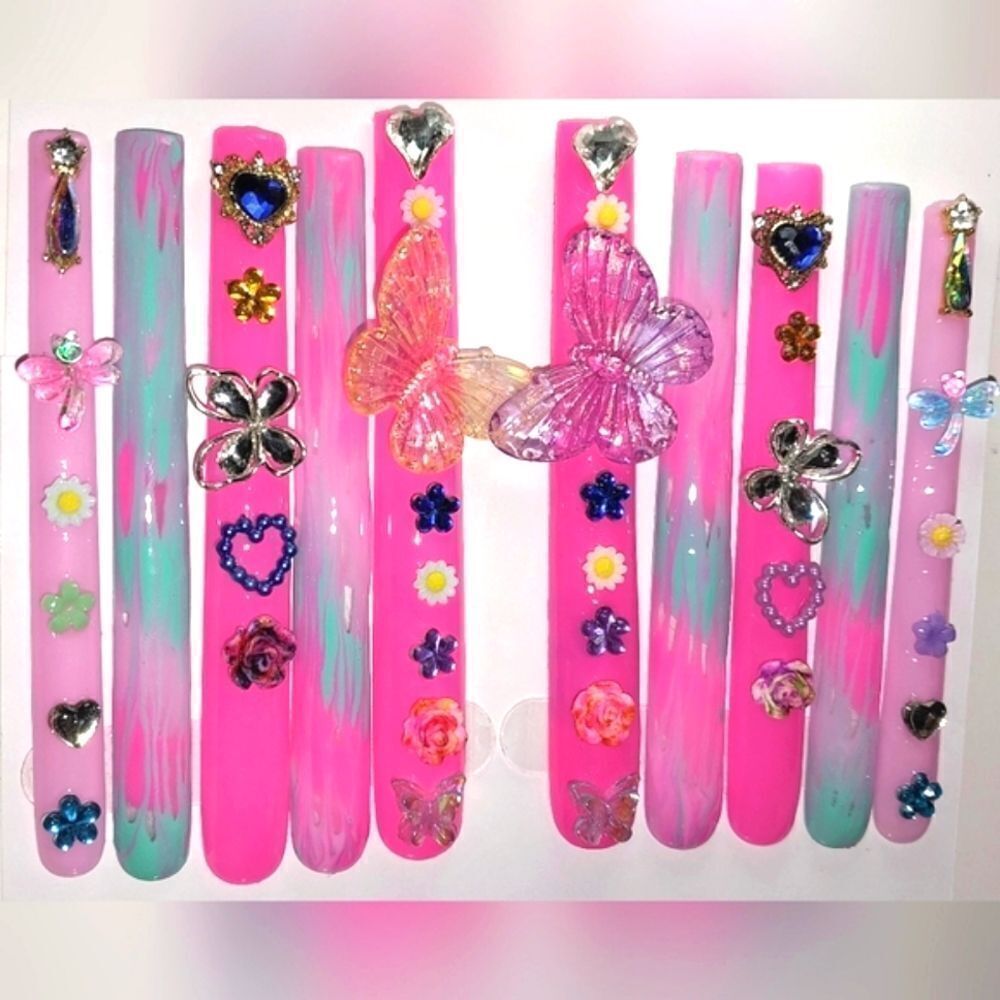 Hand crafted custom luminous 5XL long acrylic press on nails sz Xs